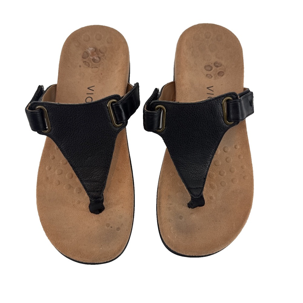 Vionic Sandals Women 6 Black Leather Thong Flip Flop Orthotic Comfort Wanda